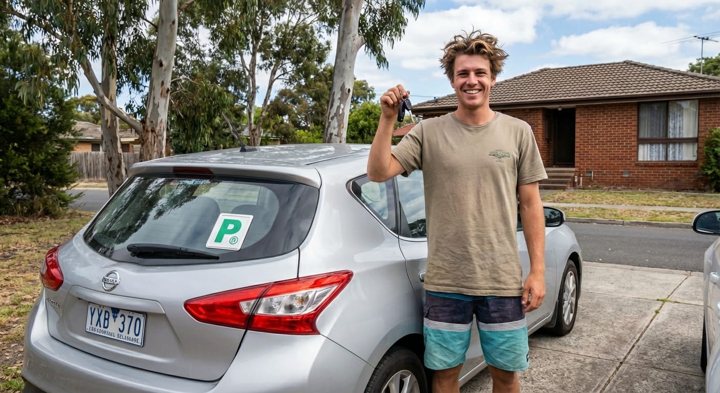 Young man holding car keys proudly.
