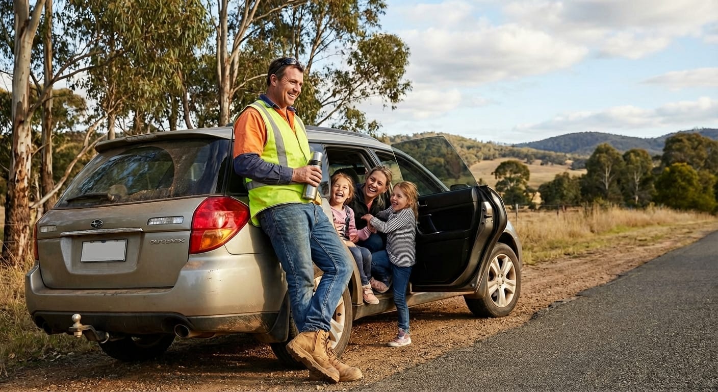Family enjoying time by the car.
