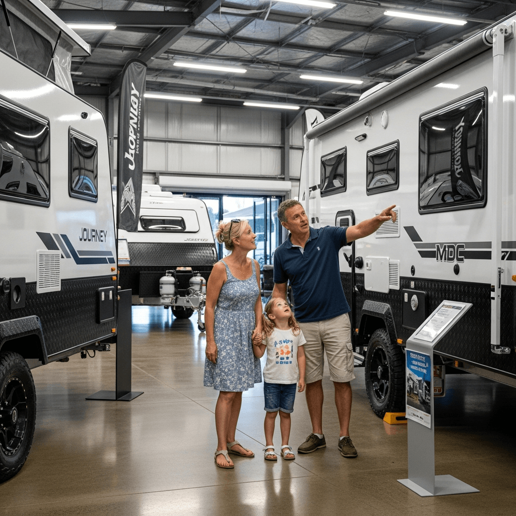 Family shopping for new caravans